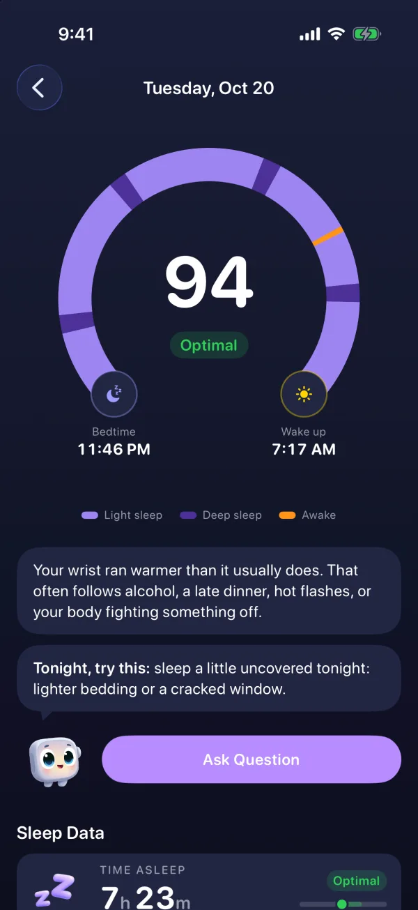 Sleepwrist night arc from bedtime to wake-up, with each wake-up marked in orange and the sleep score in the middle